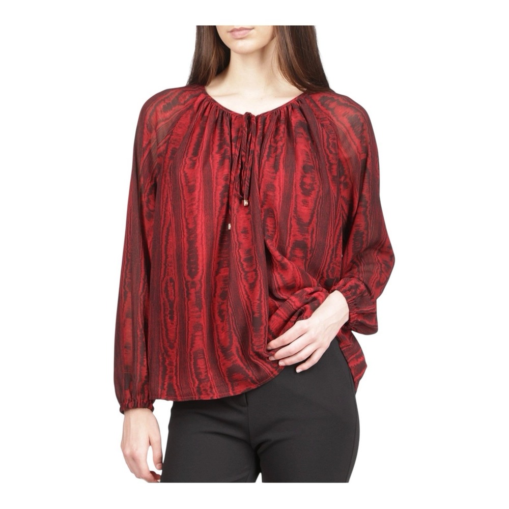 MICHAEL Michael Kors Tie-Neck Top Women's L Rhubarb Printed Long Sleeve Pullover